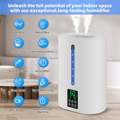 Coolfiqu 6L Humidifiers for Bedroom Large Room Home,Cool and Warm Humidifier for Baby and Plants Hot Mist Top Fill Desk Humidifiers Oil Diffuser,Quiet,Adjustable Mist,360°Nozzle-Black(2026 Upgraded)