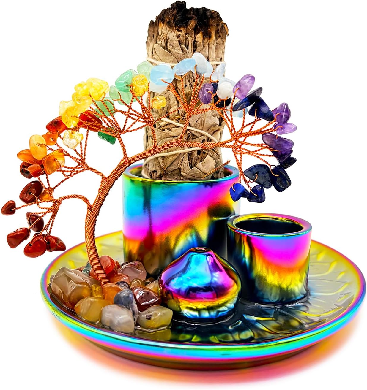 5 in 1 Incense Burner Holder with Crystal Healing Tree, Palo Santo Holder, Sage Holder, Incense Holder for Sticks/Cones/Candles, Ceramic Tray Ash Catcher for Burning Incense, Meditation Gift
