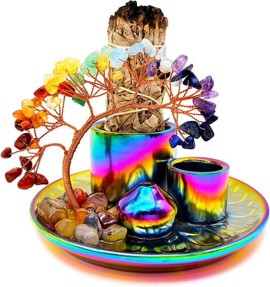 5 in 1 Incense Burner Holder with Crystal Healing Tree, Palo Santo Holder, Sage Holder, Incense Holder for Sticks/Cones/Candles, Ceramic Tray Ash Catcher for Burning Incense, Meditation Gift