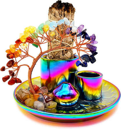 5 in 1 Incense Burner Holder with Crystal Healing Tree, Palo Santo Holder, Sage Holder, Incense Holder for Sticks/Cones/Candles, Ceramic Tray Ash Catcher for Burning Incense, Meditation Gift