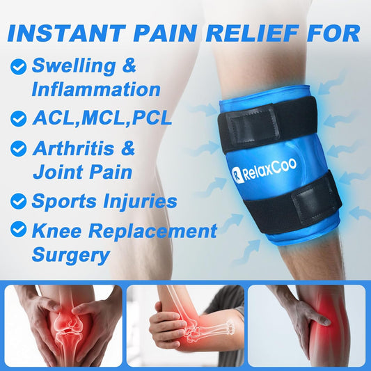 RelaxCoo Ice Pack for Knee Pain Relief, Reusable Gel Ice Wrap for Leg Injuries, Swelling, Knee Replacement Surgery, Cold Compress Therapy for Arthritis, Meniscus Tear and ACL Blue