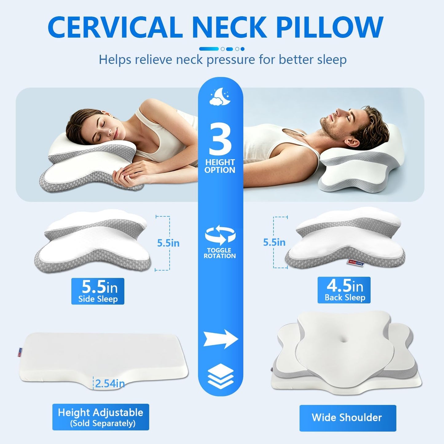 Ergo Pillow for Sleep Apnea, Neck Pain, and Snoring Relief | Cervical Neck Pillow for Neck Pain Relief & Side Sleeper | Orthopedic Memory Foam with Ergonomic Neck Support, Gray, Standard