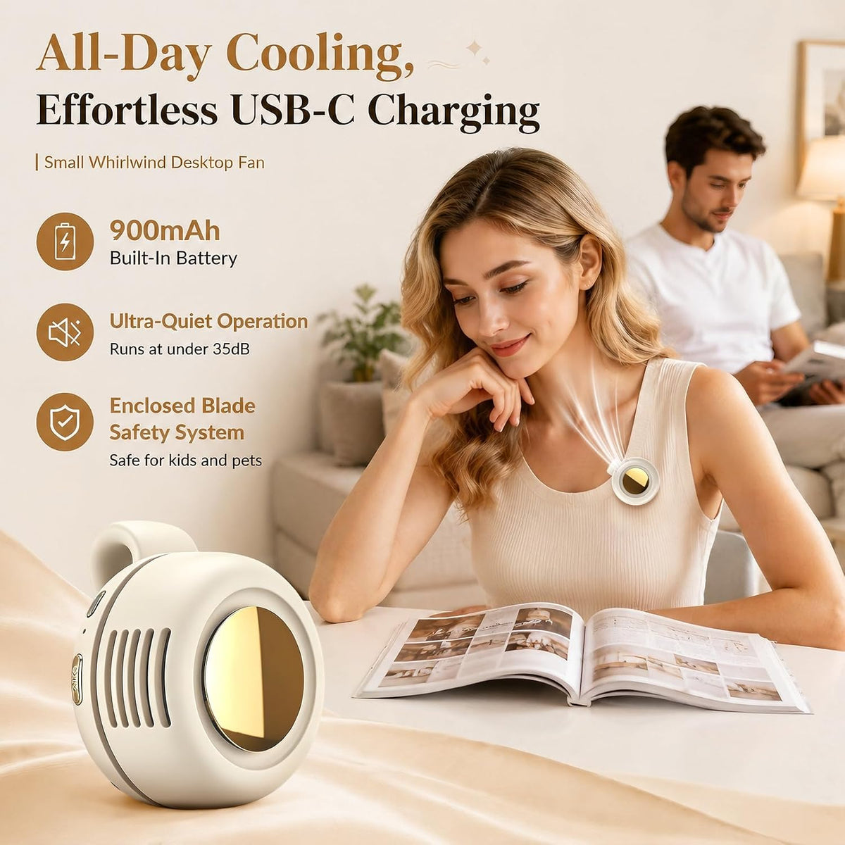 Portable Clip-On Fan, Mini Bladeless Waist Fan, 5100RPM 25dB Ultra-Quiet 3-Speed Rechargeable Small Whirlwind Fan, Hands-Free Personal Cooling for Outdoor Travel Office Camping with USB-C