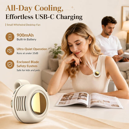 Portable Clip-On Fan, Mini Bladeless Waist Fan, 5100RPM 25dB Ultra-Quiet 3-Speed Rechargeable Small Whirlwind Fan, Hands-Free Personal Cooling for Outdoor Travel Office Camping with USB-C
