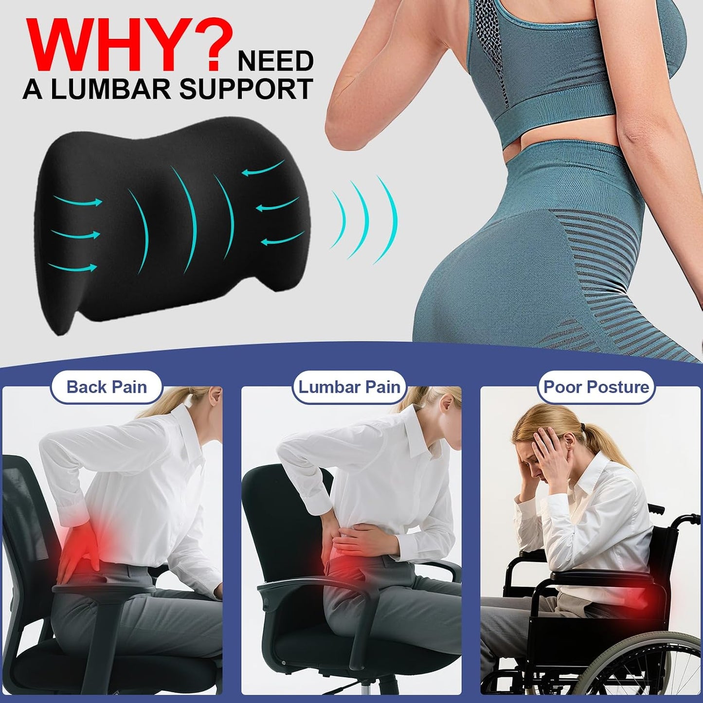 BYMECOST Lumbar Support Pillow for Car, Memory Foam Car Seat Back Support Pillow for Driving, Back Cushion with Strap for Pain Relief, Ergonomic Back Cushion for Office Chair, Wheelchair (Black)