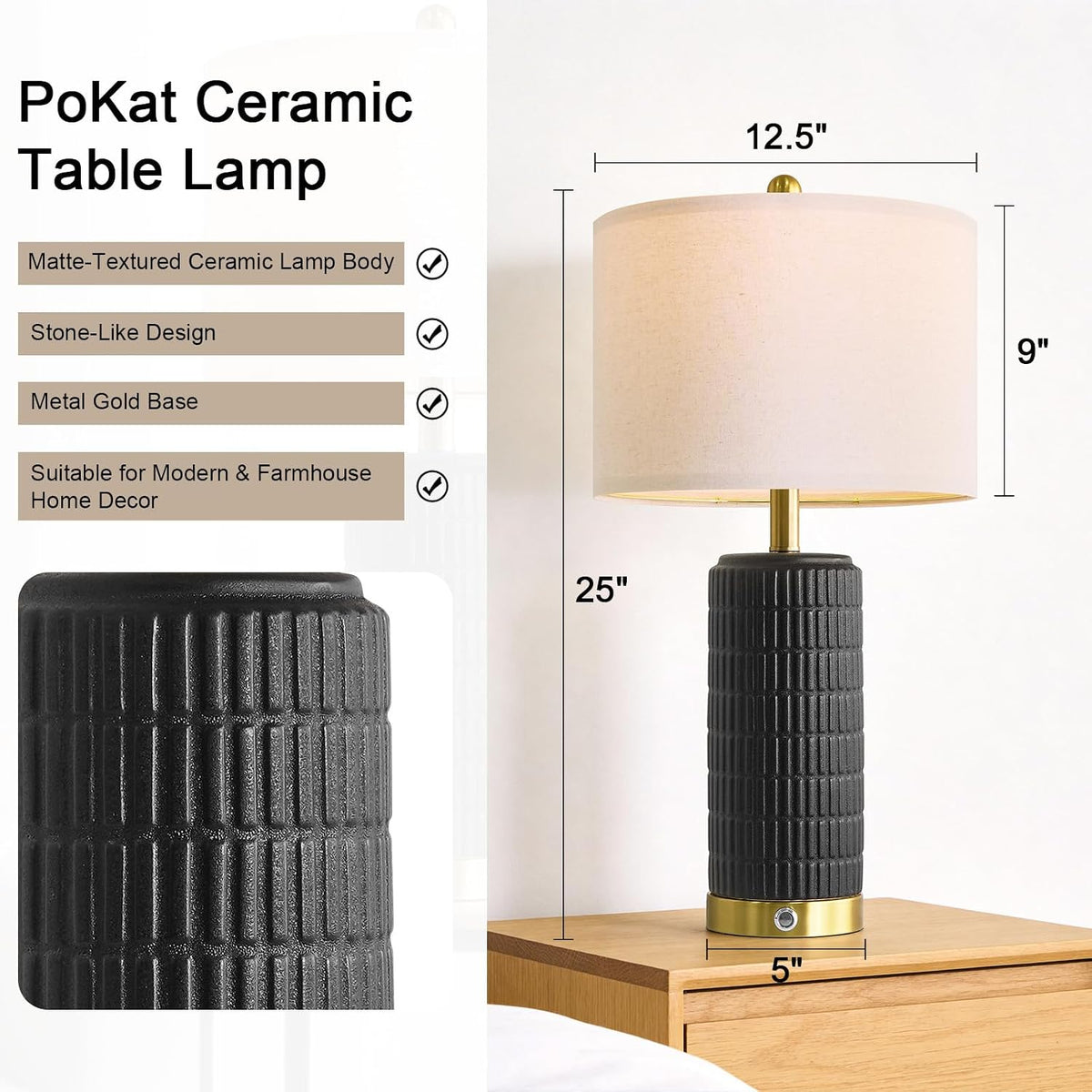PoKat Touch Bedside Table Lamps with 2 USB for Bedroom Living Room, 25''