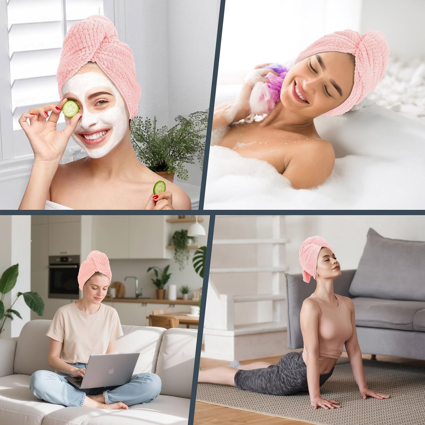 2 Pack Microfiber Hair Towel - 41 x 24 inches Super Soft, Absorbent, Fast Drying Without Frizz Hair Towel Wrap for Women Long, Thick, Curly Hair - Hair Turbans with Elastic Strap