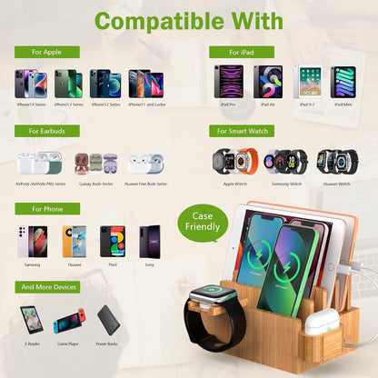 Pezin & Hulin Bamboo Charging Station for Phone, Watch&Earbud with 5 Cables