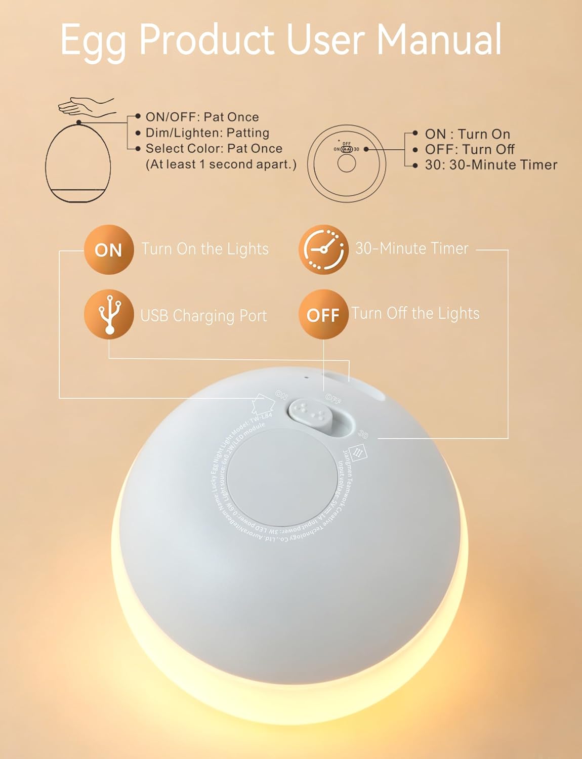 Night Light for Kids,Egg Night Light for Baby Nursery, 3-Level Dimming &30-Min Timer Portable Nursery Night Lamp forBaby Nursery & Kids Bedroom,BPA Free, Eye Caring, Soft