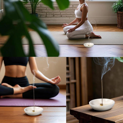 Koville Natural Marble Incense Holder, Incense Holder for Sticks with 9 Holes, Handmade Incense Burner Ash Catcher for Meditation Yoga SPA, Balsam Fir/Palo Santo/Sage/Cone (White)