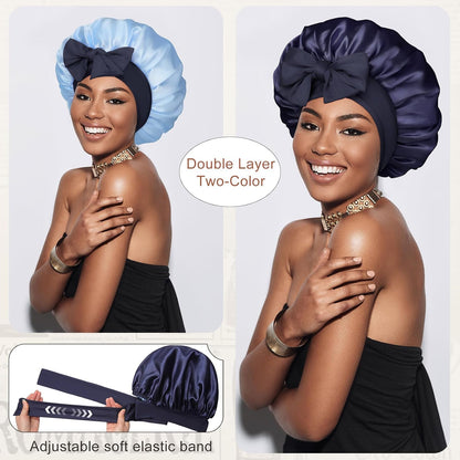 Satin Bonnet for Sleeping Cap Double Layer Hair Bonnet with Elastic Tie Band for Curly Hair Night Cap (Bean Paste + Pink)