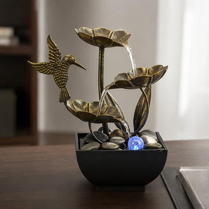 AOZITA Tabletop Fountain, Indoor Waterfall Fountain, Small Home Décor Zen Relaxation Soothing Sound Machine for Office, Living Room, or Bedroom,Blue Metal Lotus with Bud, River Rocks,Round LED