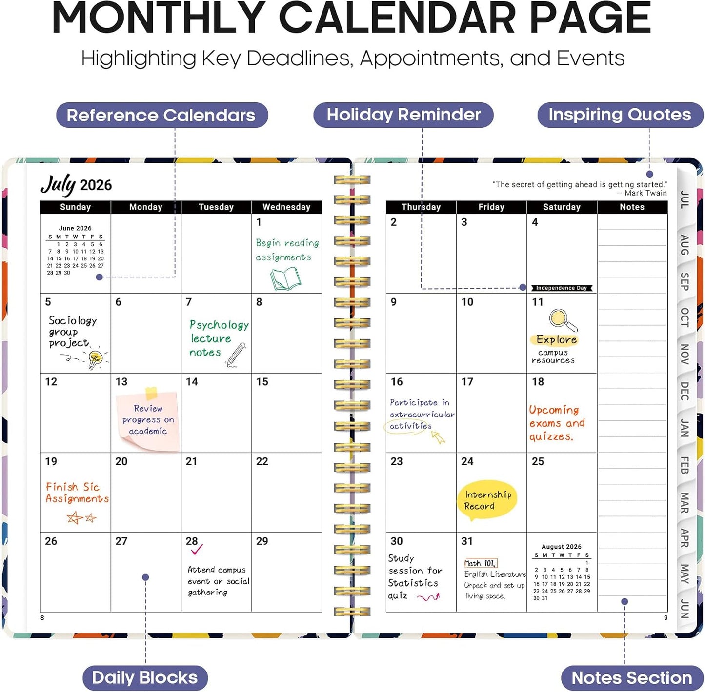 Planner 2026-2027, Jul 2026-Jun 2027 Academic Monthly & Weekly Planner - Colors B