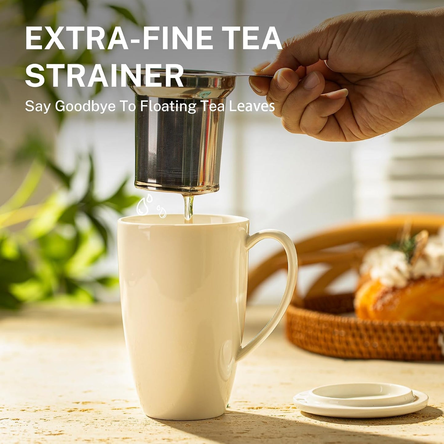 Sweese 15oz Porcelain Tea Mug with Infuser and Lid – Microwave Safe, Ergonomic Handle, Lead-Free Glaze, for Loose Leaf Tea
