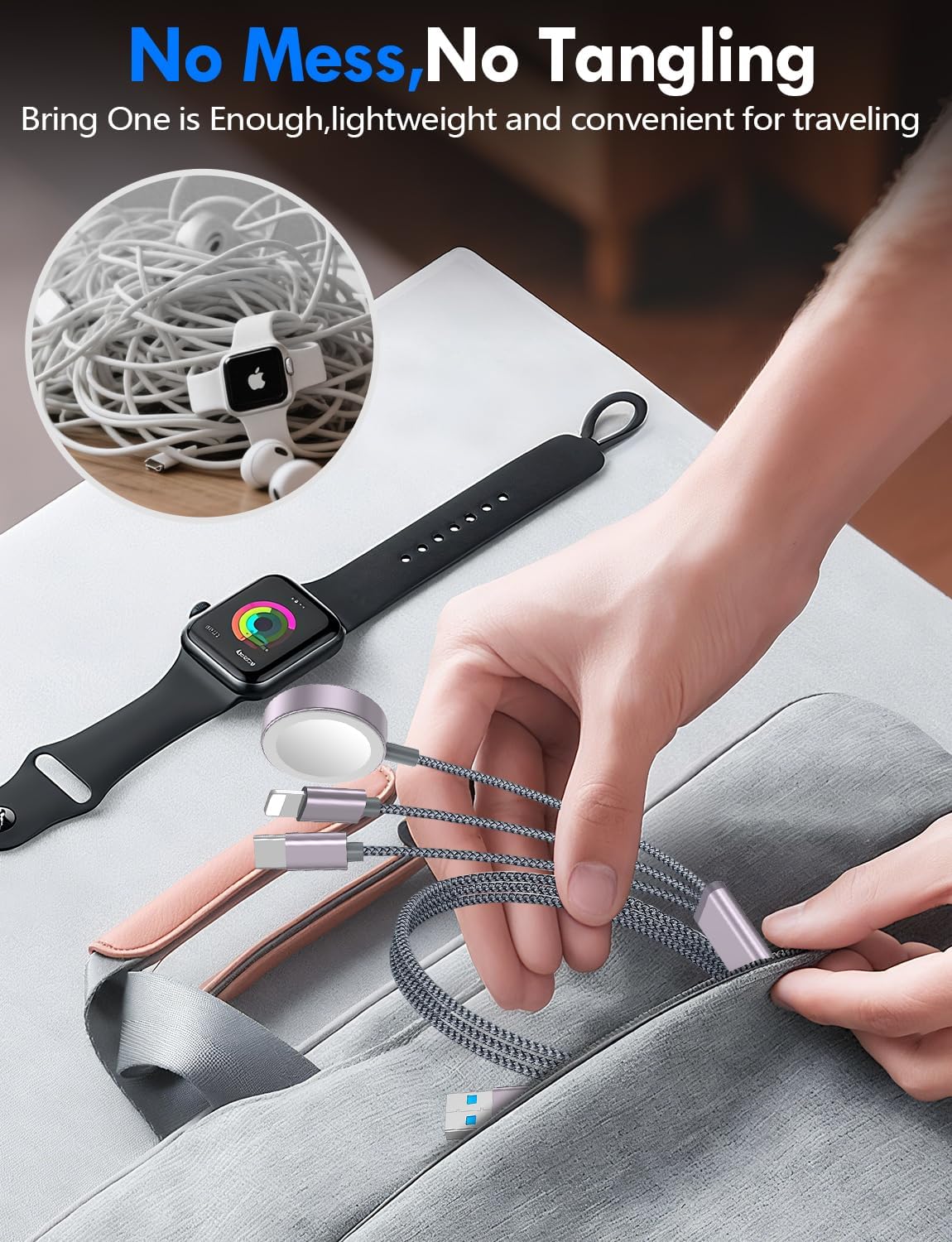 Travel Essentials for Apple Watch Charger,3-in-2 Multi Charging Cable