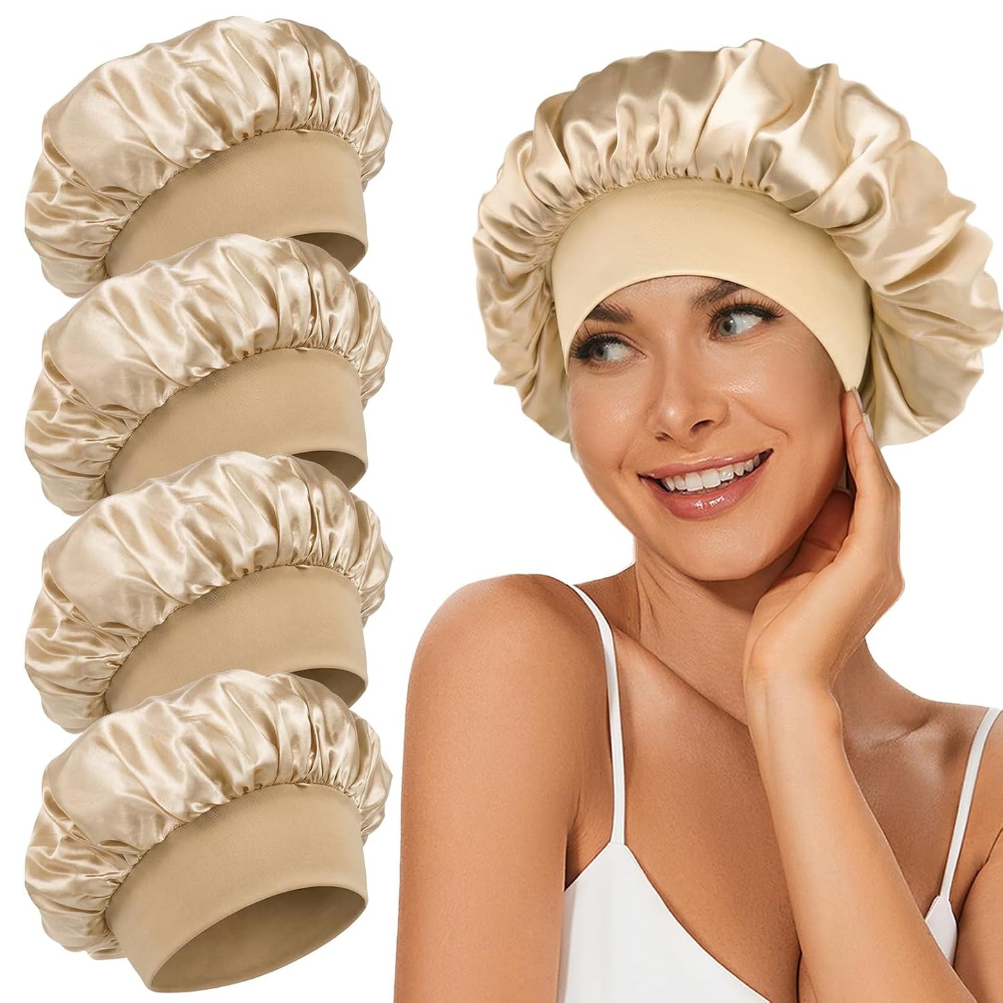 4Pcs Satin Bonnet Silk Bonnet, Hair Bonnet for Sleeping | Elastic Wide Band Silk Sleep Cap, Soft and Breathable, Black Red Purple Gold