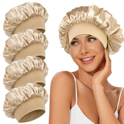 4Pcs Satin Bonnet Silk Bonnet, Hair Bonnet for Sleeping | Elastic Wide Band Silk Sleep Cap, Soft and Breathable, Black Red Purple Gold