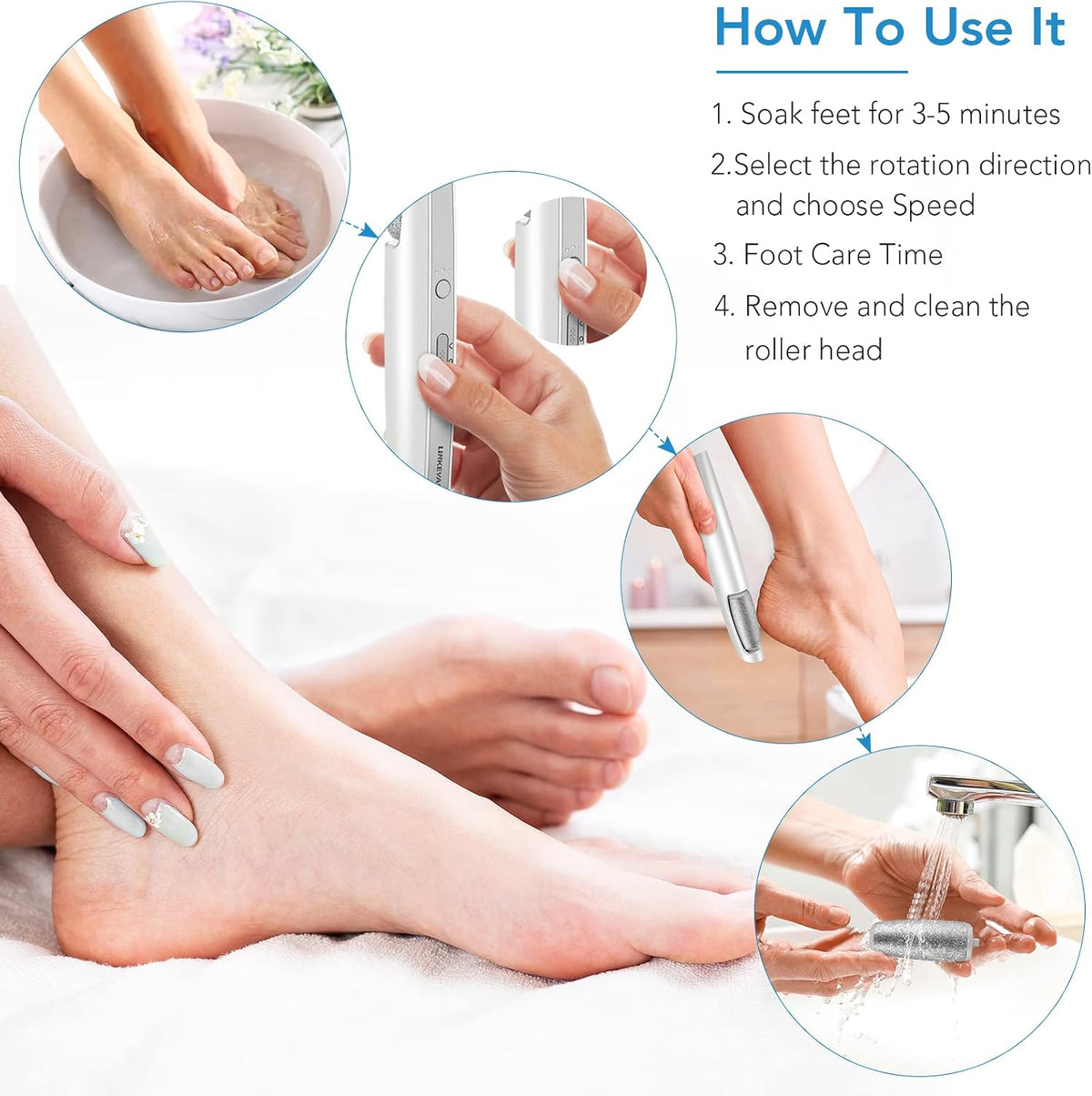 LINKEVAP Electric Callus Remover for Feet, Professional Pedicure Kit Foot Scrubber for Dry, Dead, Cracked, Hard Skin, at Home Feet Spa Care Kit for Men & Women (Cold White)