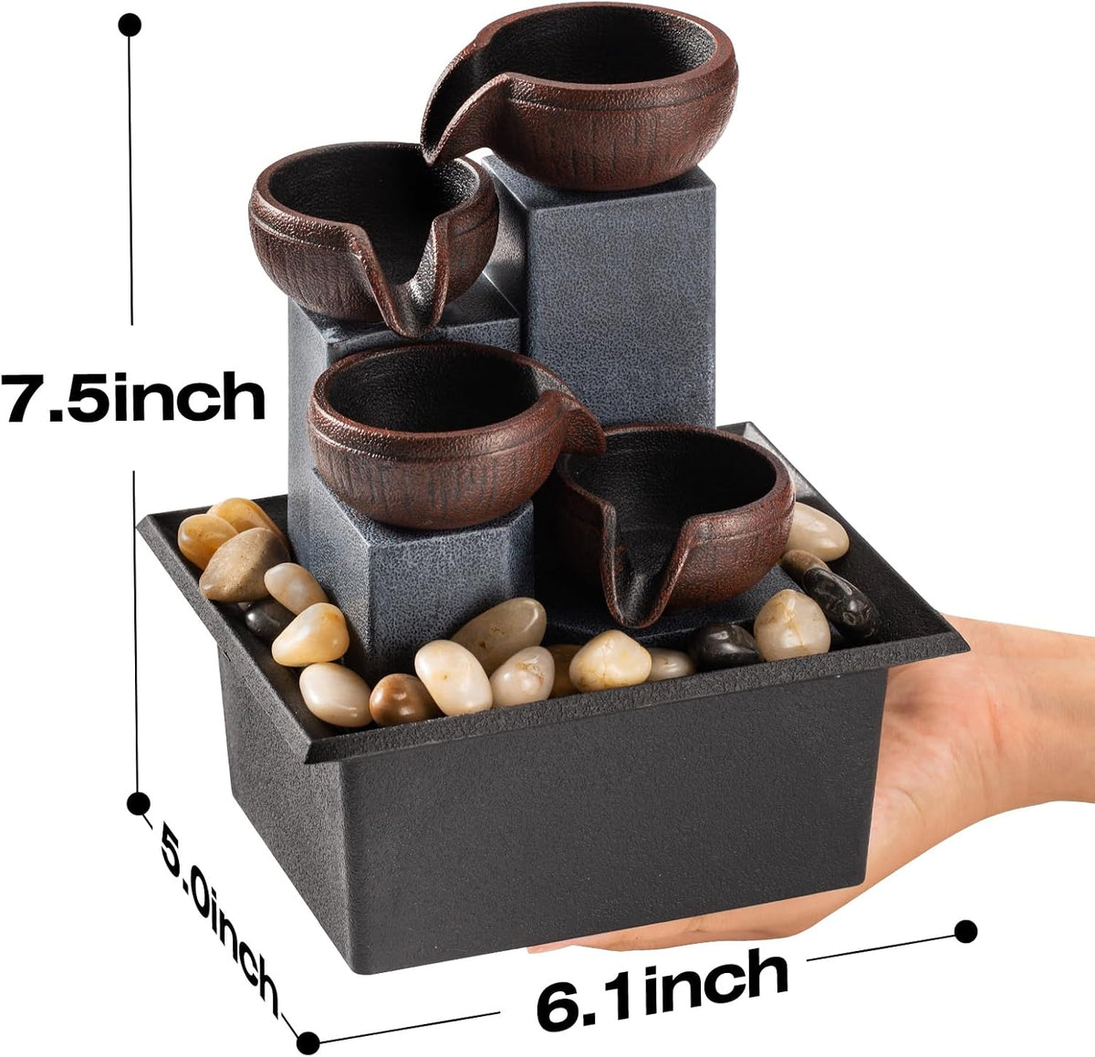 Tabletop Fountain 4 Level Small Waterfall Fountain Indoor Relaxing Water Feature Meditation Fountain for Home Office Bedroom Decoration Including LED Lighting Natural Rocks as Festival Gifts