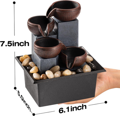 Tabletop Fountain 4 Level Small Waterfall Fountain Indoor Relaxing Water Feature Meditation Fountain for Home Office Bedroom Decoration Including LED Lighting Natural Rocks as Festival Gifts
