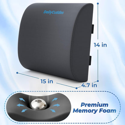 Lumbar Support Pillow for Office Chair Back Support - Memory Foam Lumbar Pillow for Car or Gaming Chair, Ergonomic Back Cushion with Adjustable Strap for Long-Hour Sitting (Black)