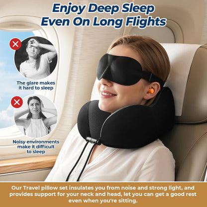 ExploreBliss Travel Pillow, Travel Pillows for Sleeping Airplane, Neck Pillow Airplane, Memory Foam Neck Pillow Set with Eye Mask, Earplugs and Storage Bag -Grey