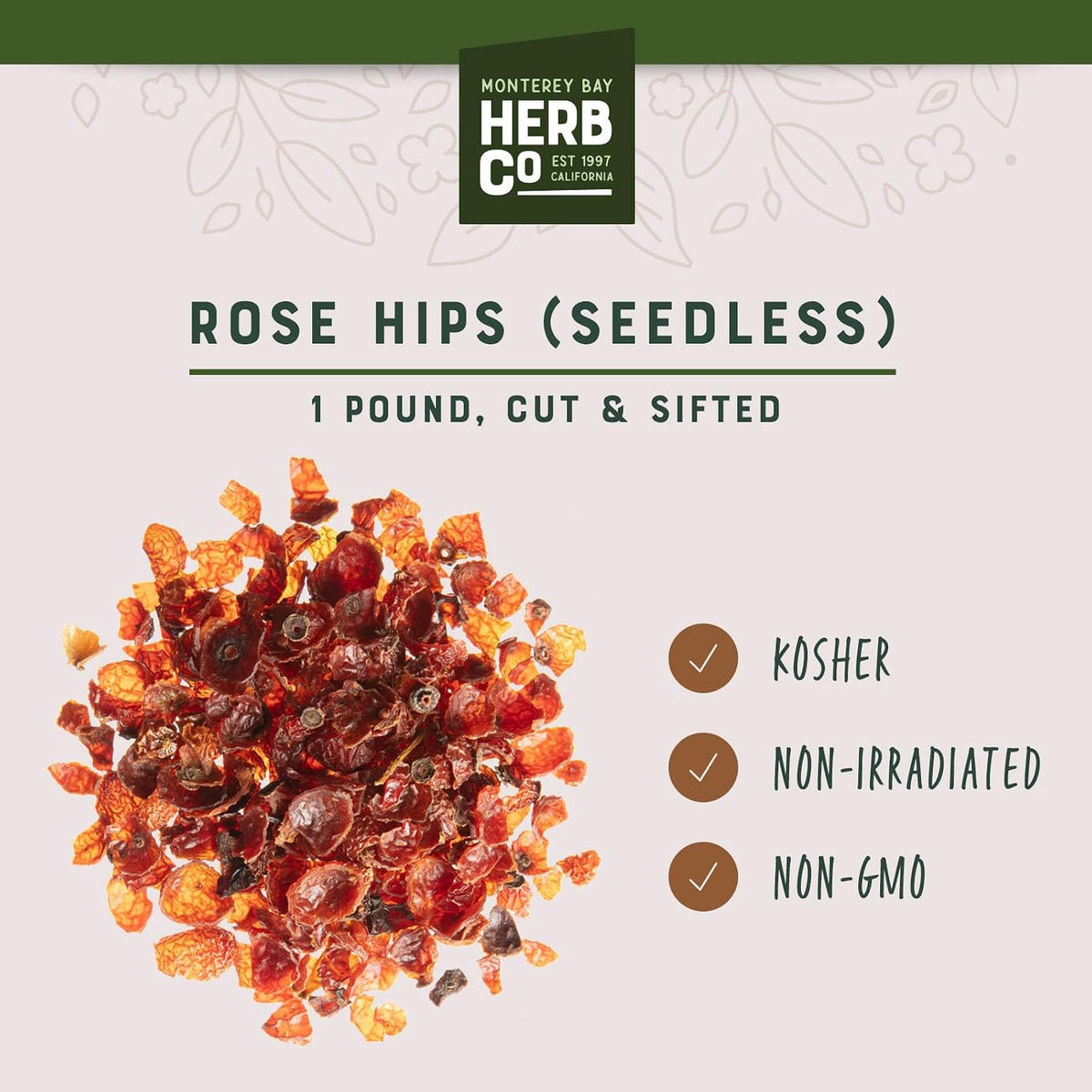 Rose Hips Seedless Cut & Sifted, by Herb Co, Rosa Canina, From Chile, Kosher, for Herbal Tea Blends & Potpourri, 1 lb