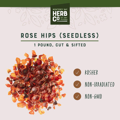 Rose Hips Seedless Cut & Sifted, by Herb Co, Rosa Canina, From Chile, Kosher, for Herbal Tea Blends & Potpourri, 1 lb