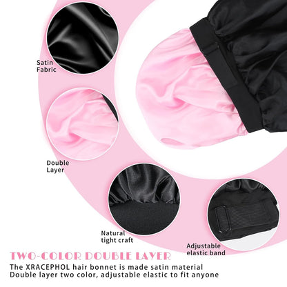 Silk Bonnet for Sleeping Double Layer Satin Bonnet Adjustable Bonnets for Black Women Sleep Cap Reversible Hair Bonnet for Curly Hair (Black and Purple)
