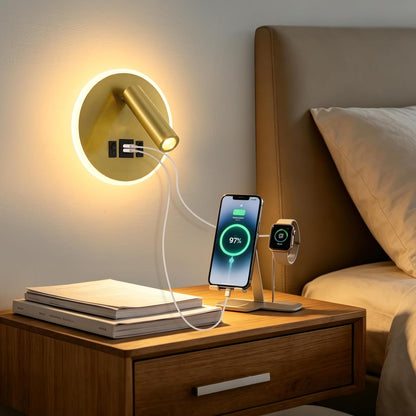 Plug in Wall Lamps for Bedroom Living Room, Wall Mounted Reading Lights with USB C+A Charging Ports, Headboard Lamp 360°Rotation, Wall Mount Lamp with 3 Color Temperature 3W+9W Night Light
