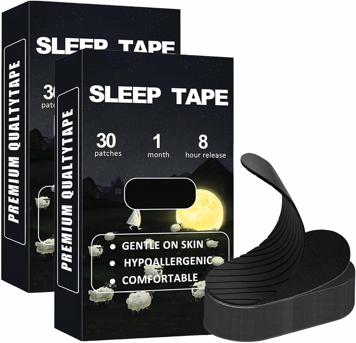 Black Mouth Tape for Sleeping (60 Pack) – Hypoallergenic Cotton Adhesive – Latex-Free, Pain-Free Removal & Gentle on Skin – Premium Quality Strips