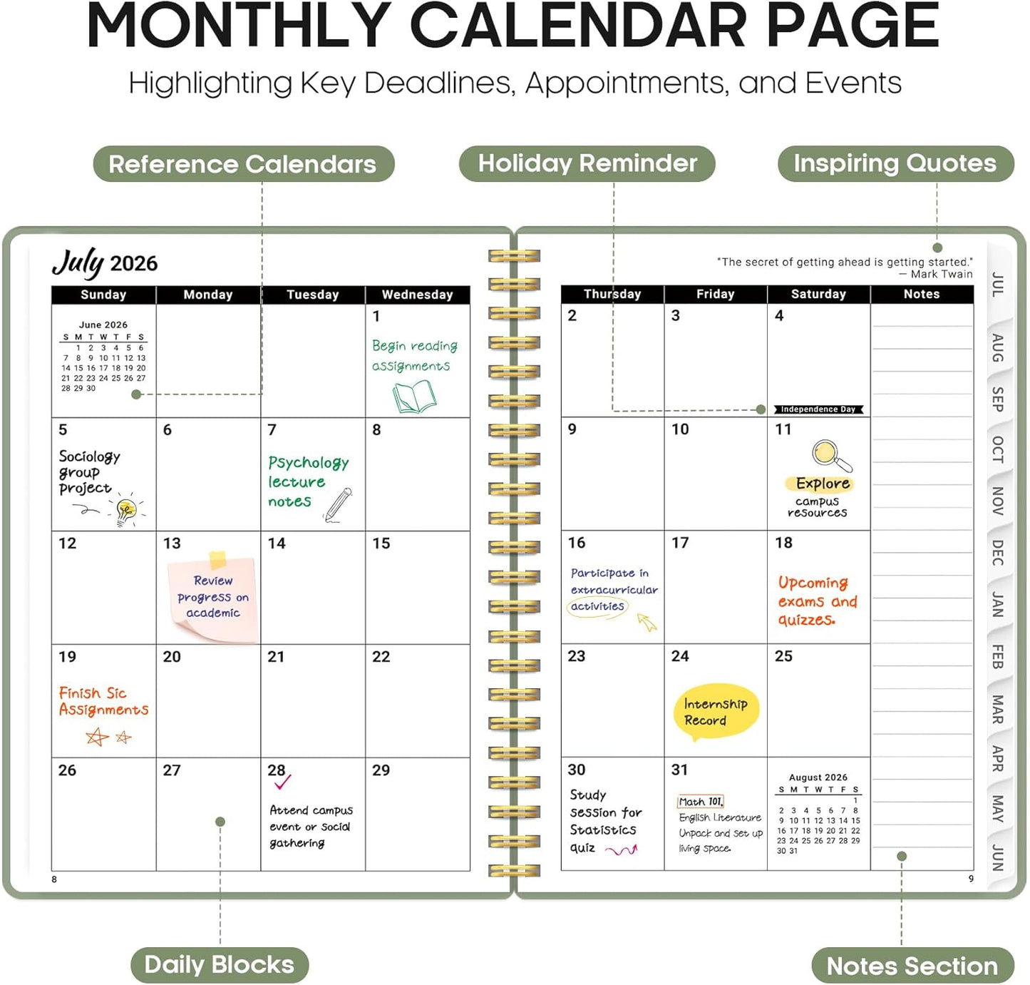 Planner 2026-2027, 8.5" x 11" Weekly and Monthly Academic Year Planner Calendar, July 2026 - June 2027, Hardcover Large School Planning Agenda With Tabs, Perfect for School & Office Supplies, A4, Green