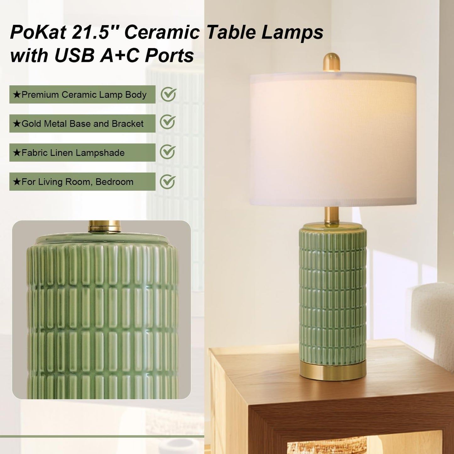 PoKat 20.75" Small Modern Ceramic Table Lamps Set of 2 for Bedroom, White Bedside Lamps for Night Stands, Farmhouse Desk Home Decor Gift Nightstand Table Lamps for Living Room End Table Beige