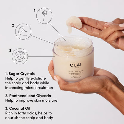OUAI Scalp & Body Scrub, St. Barts - Exfoliating Body Scrub with Sugar & Coconut Oil Blend for Smooth, Moisturized Skin - Gentle Scalp Exfoliator for Removing Product Build Up (8.8 Oz)