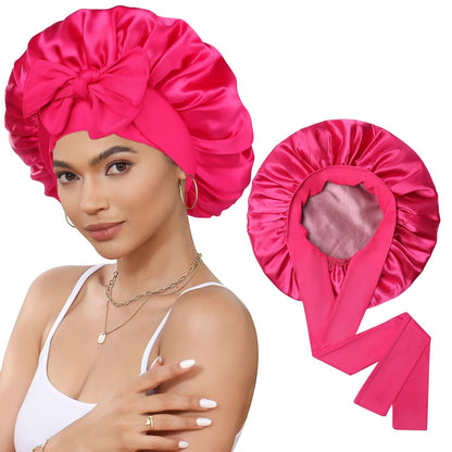 Satin Bonnet for Sleeping Cap Double Layer Hair Bonnet with Elastic Tie Band for Curly Hair Night Cap (Bean Paste + Pink)