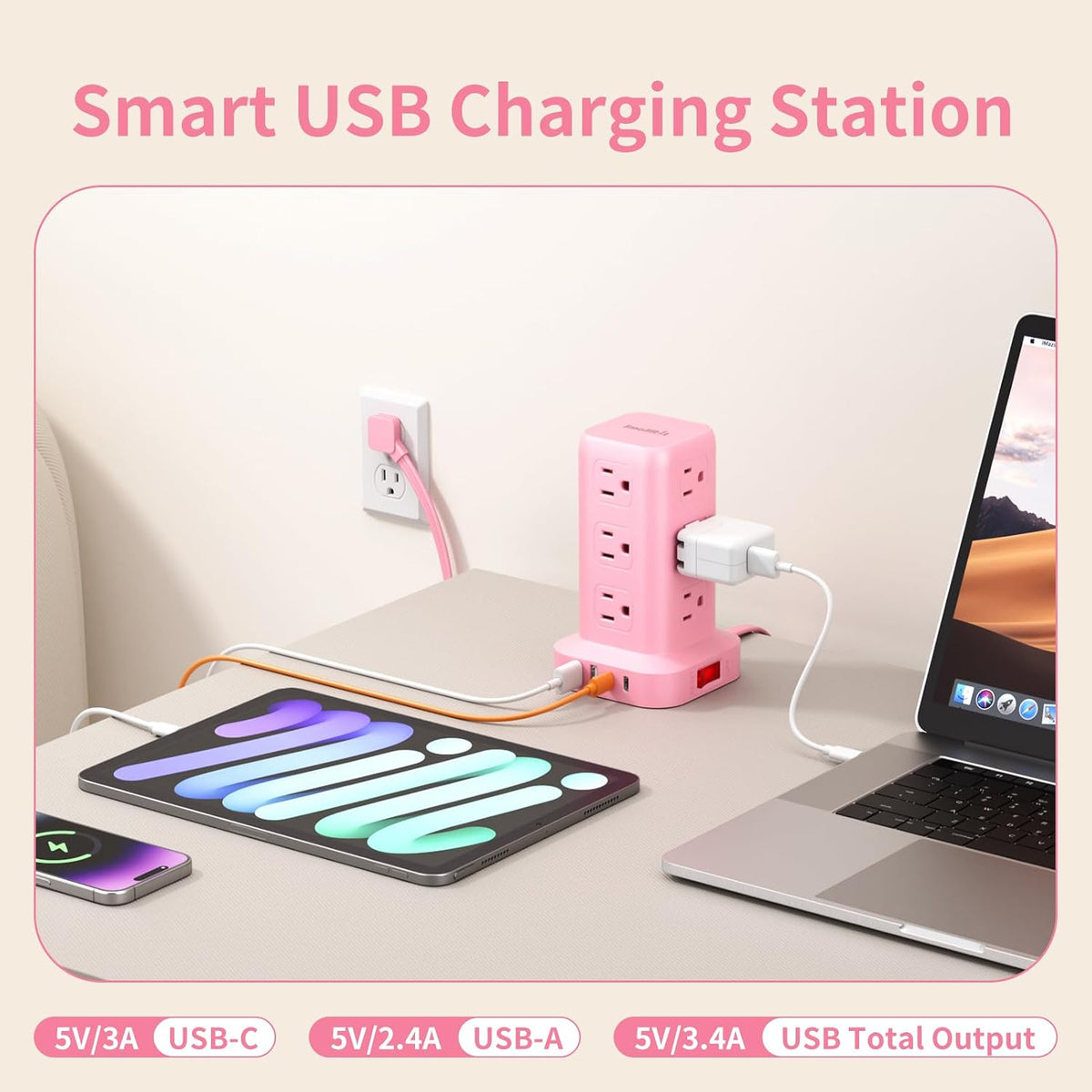 Extension Cord with Multiple Outlets, SMALLRT Power Strip Tower, Outlet Extender with 12 AC Outlets 4 USB, 6.5FT Extension Cord for Home Dorm Room, Office Supplies,Overload Protection