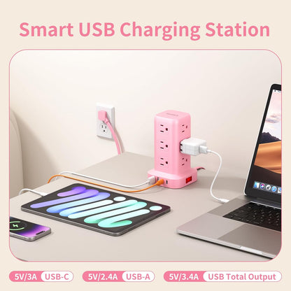 Extension Cord with Multiple Outlets, SMALLRT Power Strip Tower, Outlet Extender with 12 AC Outlets 4 USB, 6.5FT Extension Cord for Home Dorm Room, Office Supplies,Overload Protection