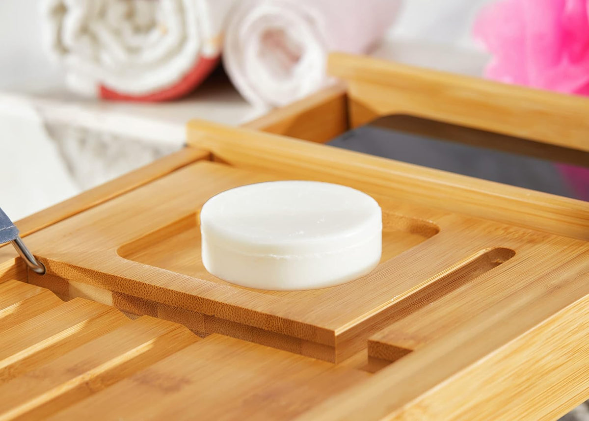 Bamboo Bathtub Caddy Tray, Expandable Bath Table Over Tub with Glass Book