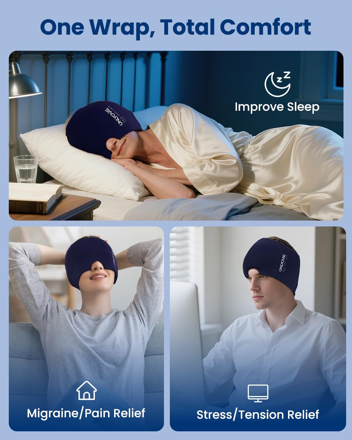 ONLYCARE Migraine Relief Cap, Upgraded Headache Relief Cap with Odorless Reusable Gel Head Wrap, Soothing Face Ice Pack Mask Products with Hot & Cold Therapy for Tension, Stress, Hangover & Puffy Eyes