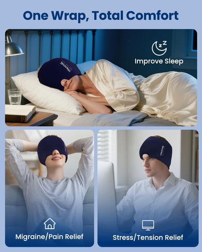 ONLYCARE Migraine Relief Cap, Upgraded Headache Relief Cap with Odorless Reusable Gel Head Wrap, Soothing Face Ice Pack Mask Products with Hot & Cold Therapy for Tension, Stress, Hangover & Puffy Eyes