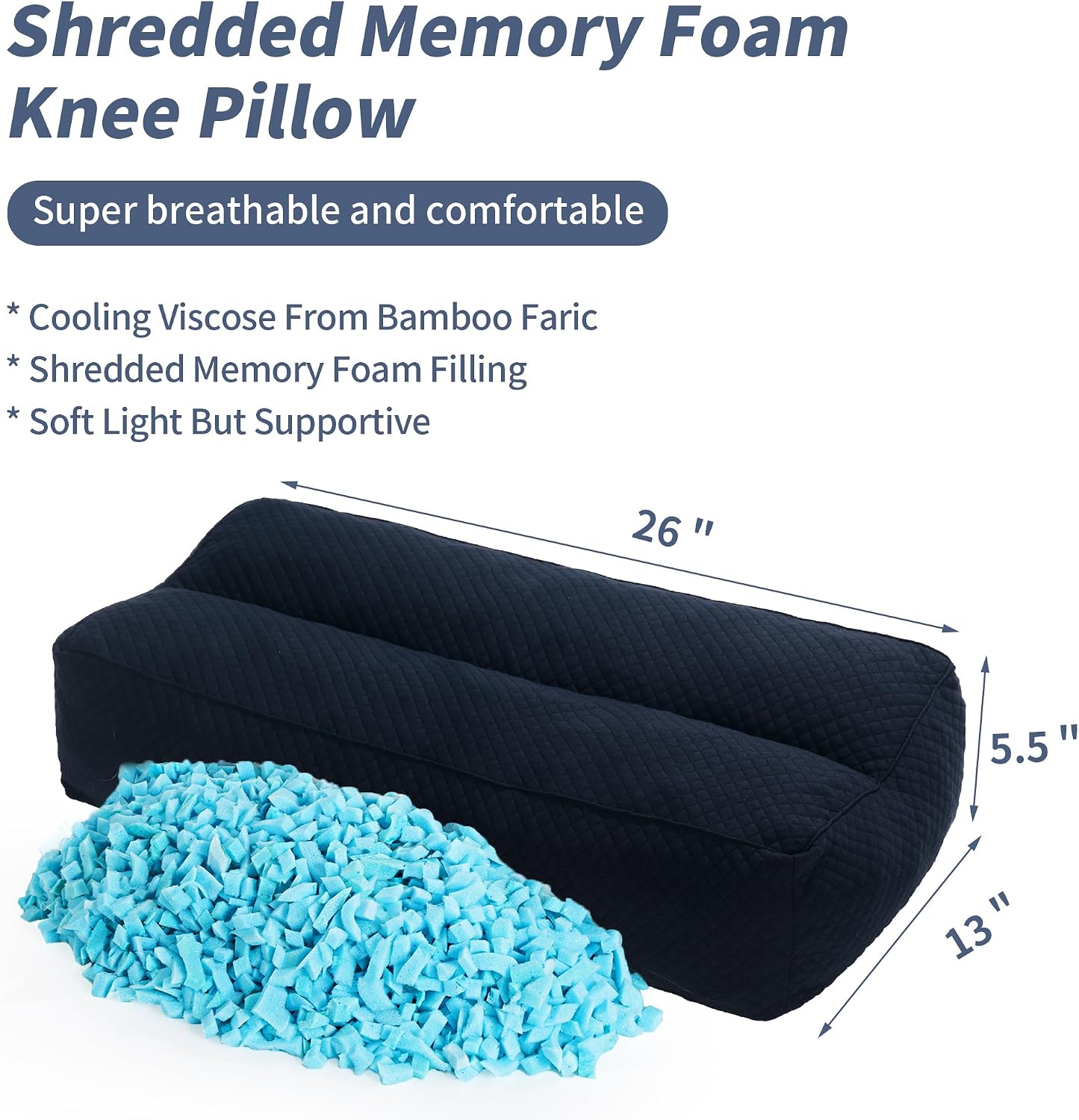 HOMBYS Shredded Memory Foam Knee Pillow for Side Sleepers, 6.5" Height Pillow Between Legs for Aligns Spine & Relieves Pressure Hip & Leg Elevation, Supportive Pillow for Pregnancy, Sciatica, White