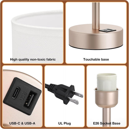 Dicoool Touch Bedside Table Lamp with USB - 3 Way Dimmable Wood Lamp for Bedroom Nightstand, Desk Lamp with Charging Station for Dorm, Living Room, Office, Kids Room, Small, 14in