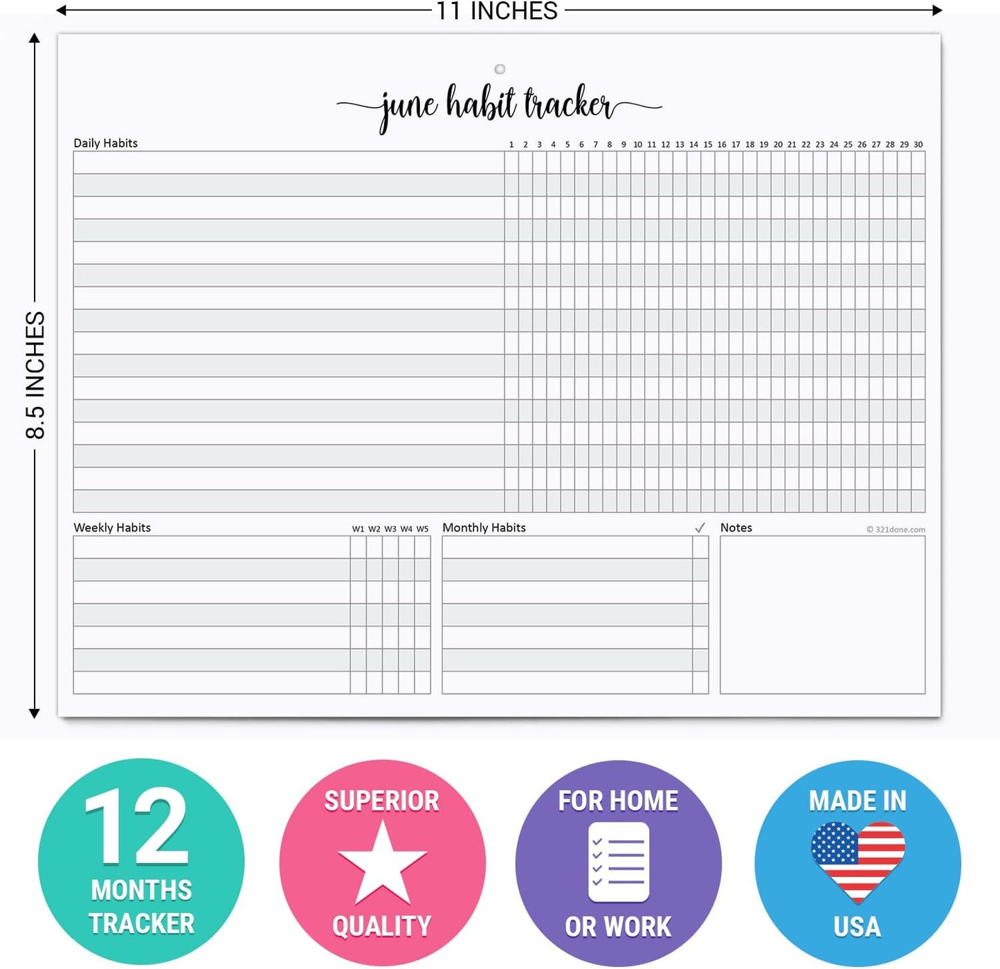 321Done Habit Tracker Calendar Pad, 8.5x11 Monthly, Made in USA