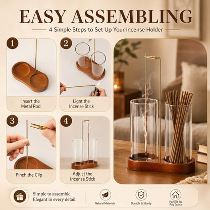 Incense Holder with 2 Tall Glass Bottle,Wooden Base Incense Stick Holder for Desktop,Incense Burner for Ash Collection,Ash Container for Meditation, Yoga, Spa, Home Decor
