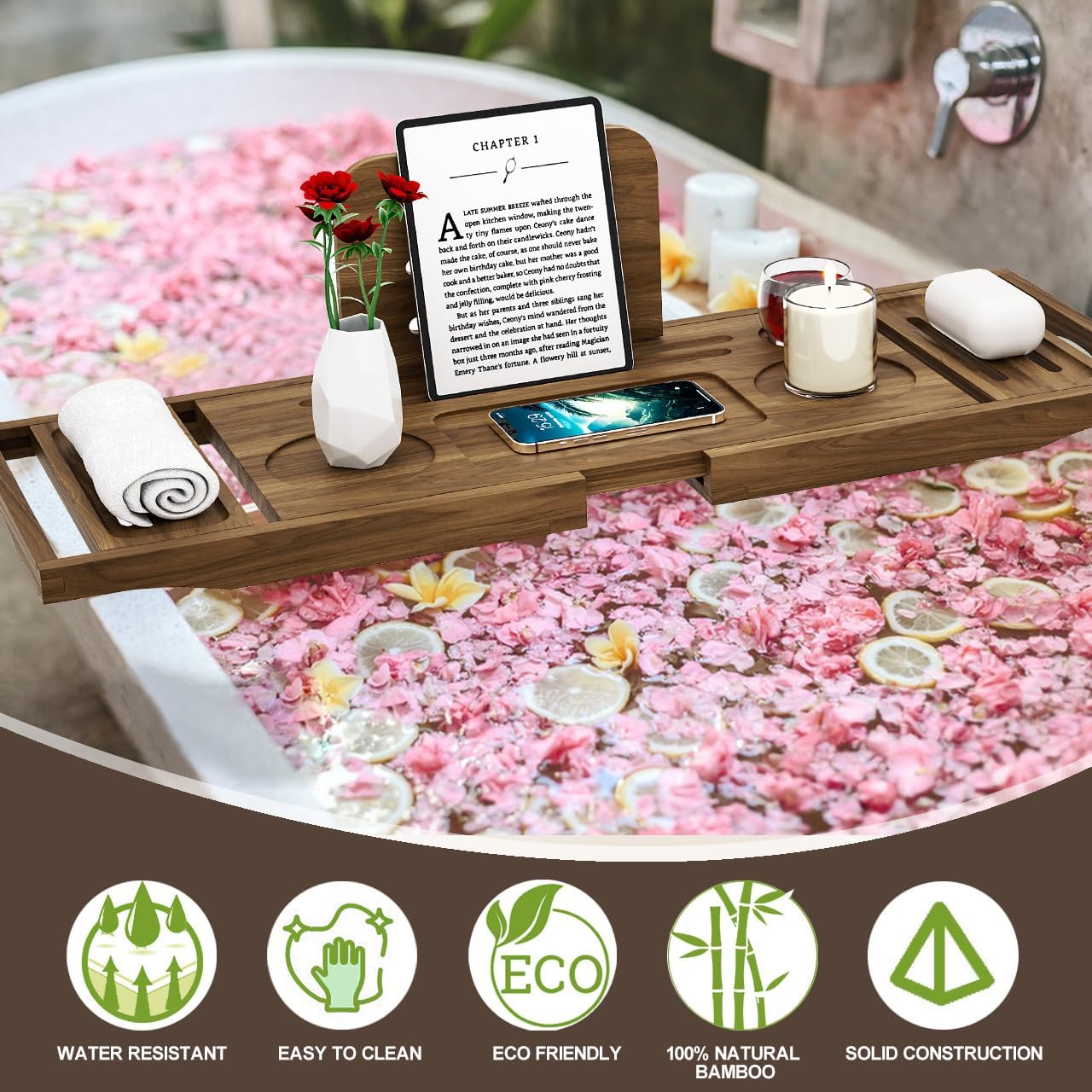 Premium Bamboo Bathtub Tray Caddy - Bath Tub Tray Table for Bathtub - Bath Caddy Tray for Bathtub, Expandable Size, Fits Most Bath Tubs