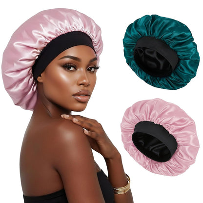 Silk Bonnet for Sleeping Double Layer Satin Bonnet Adjustable Bonnets for Black Women Sleep Cap Reversible Hair Bonnet for Curly Hair (Black and Purple)