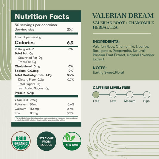 Luxmi Estates - Valerian Dream - Organic Valerian Root Tea for Sleep (50 Tea Bags, Valerian Root)