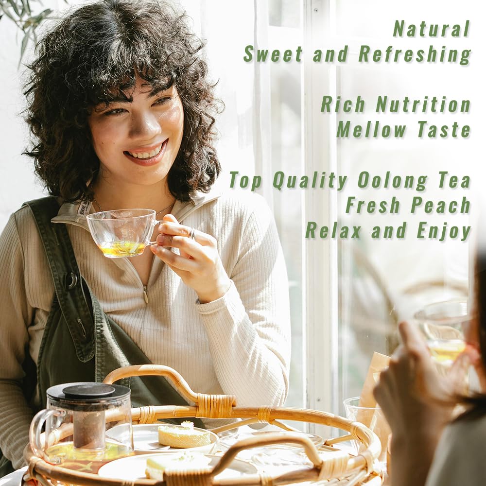 RIANTEA Peach Oolong Tea Bags - 32 Individually Wrapped Teabags (2.25oz/62g) - Low Caffeine, Smooth Flavor - Hot or Iced Tea - Original Leafy Tea