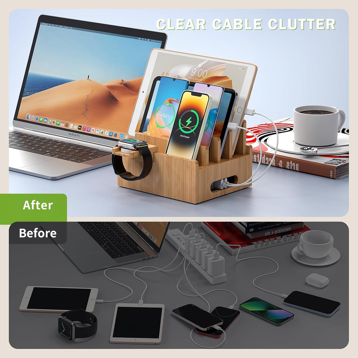 Pezin & Hulin Bamboo Charging Station with USB Charger,5Cables-Natural