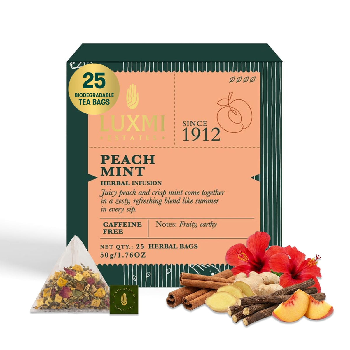 Luxmi Estates Peach Mint Herbal Tea, 25 Biodegradable Tea Bags (50g, 1.76oz) | Caffeine-Free Fruit Herbal Infusion with Real Peach Bits, Hibiscus, Spearmint, Cinnamon, Ginger, Licorice, Orange Peel, Cardamom & Dandelion, Vegan